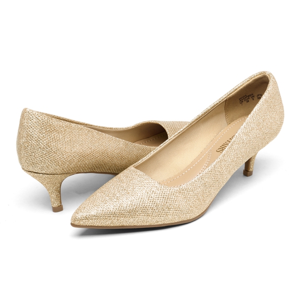 Kitten Heel Pointed Toe Pumps - GOLD GLITTER - 3